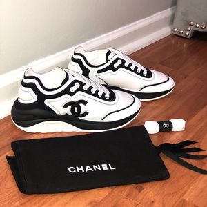 Chanel white mesh, black Lycra sneakers sz 37